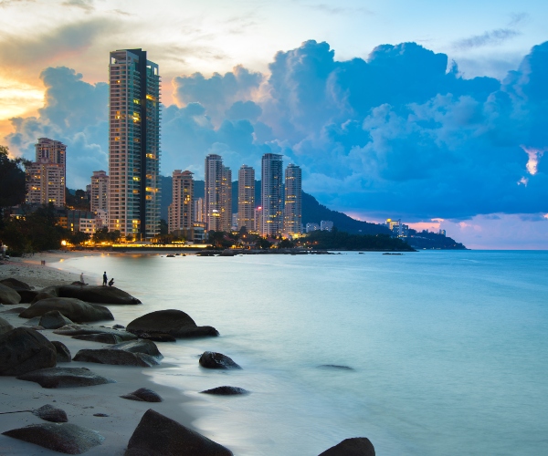 Beach and skyline of Penang Malaysia