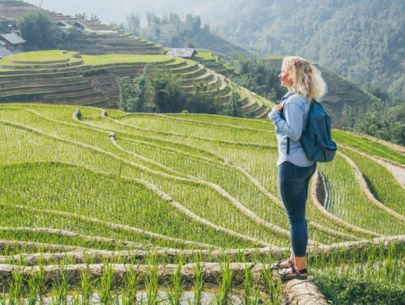 Tourist hiking through rice terraces Sapa Listing Box